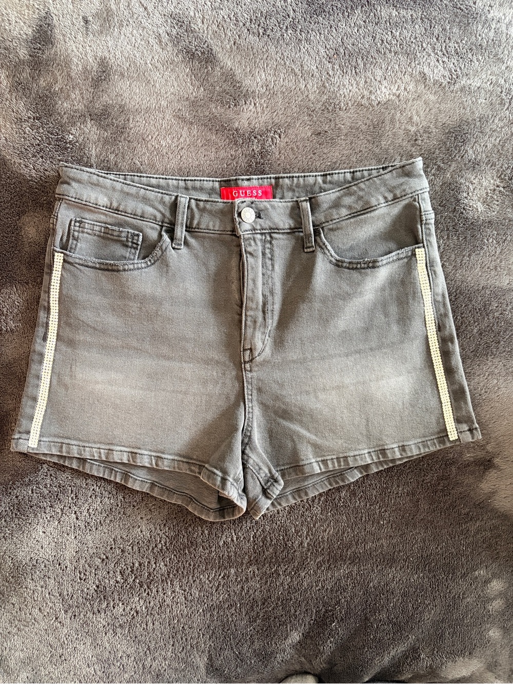 GUESS Women's Charcoal Gray Denim Shorts with Rhinestone Trim